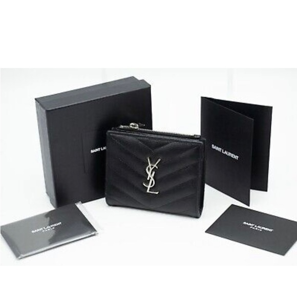 Authentic YSL Yves Saint Laurent Black Silver Bi Fold Small Wallet - Picture 2 of 16